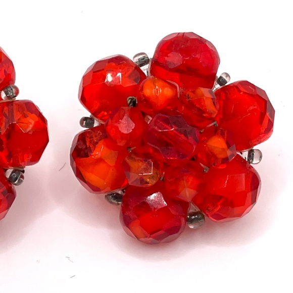 West Germany Signed Vintage Red Crystal Bead Clip-on Earrings - Picture 11 of 13